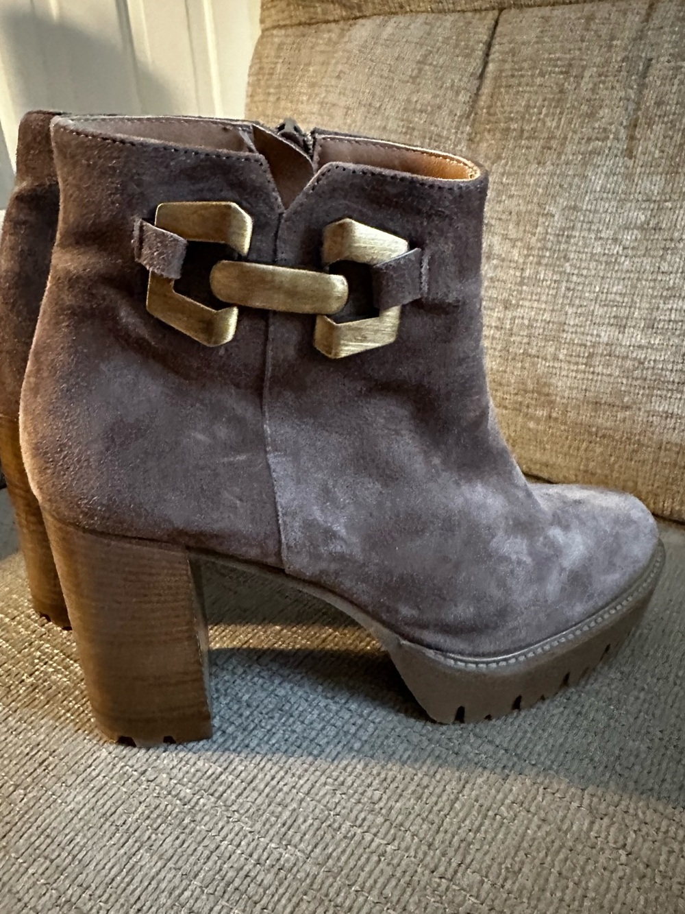 Luca Grossi Women’s Brown Suede Block Heel Ankle Boots with Gold Accent